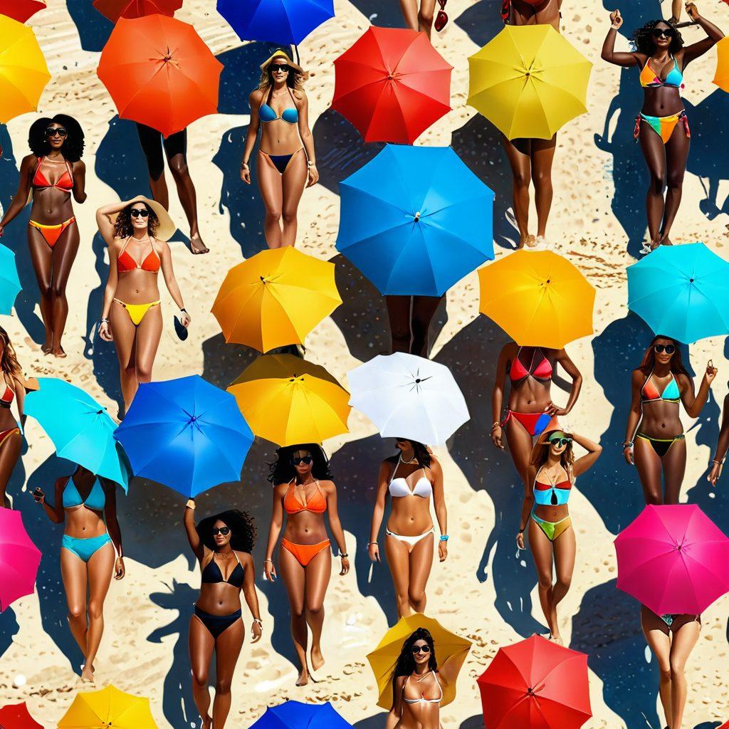 A vibrant beach scene featuring a diverse group of stylish individuals showcasing different thong styles, with colorful beach umbrellas and sunbathers in the background. The models should exhibit confidence and joy, posing on golden sands with the ocean waves crashing nearby. Incorporate elements of summer fashion, such as sunglasses, beach hats, and bold accessories. The overall mood should be lively and carefree. vibrant colors. super-realistic. sunny atmosphere.